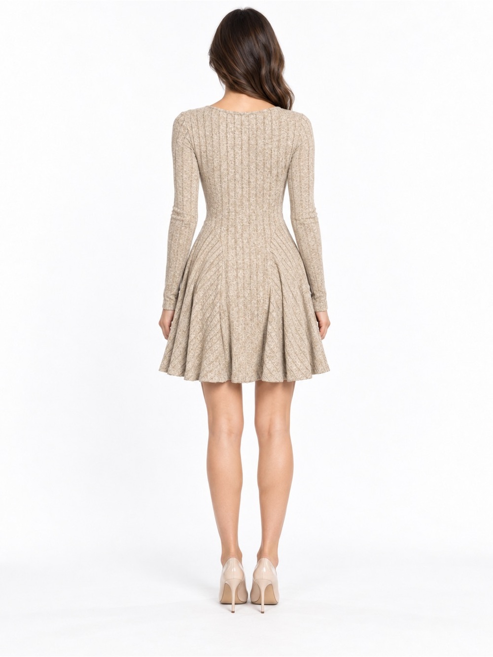 Knit Fit-and-Flare Long-Sleeve Dress in Warm Grey Floral Velvet - Picture 3 of 5